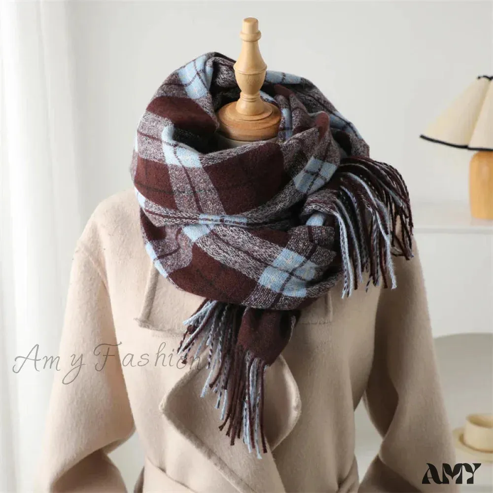 Winter Warm Cashmere-Like Plaid Blanket Wrap Scarf for Women