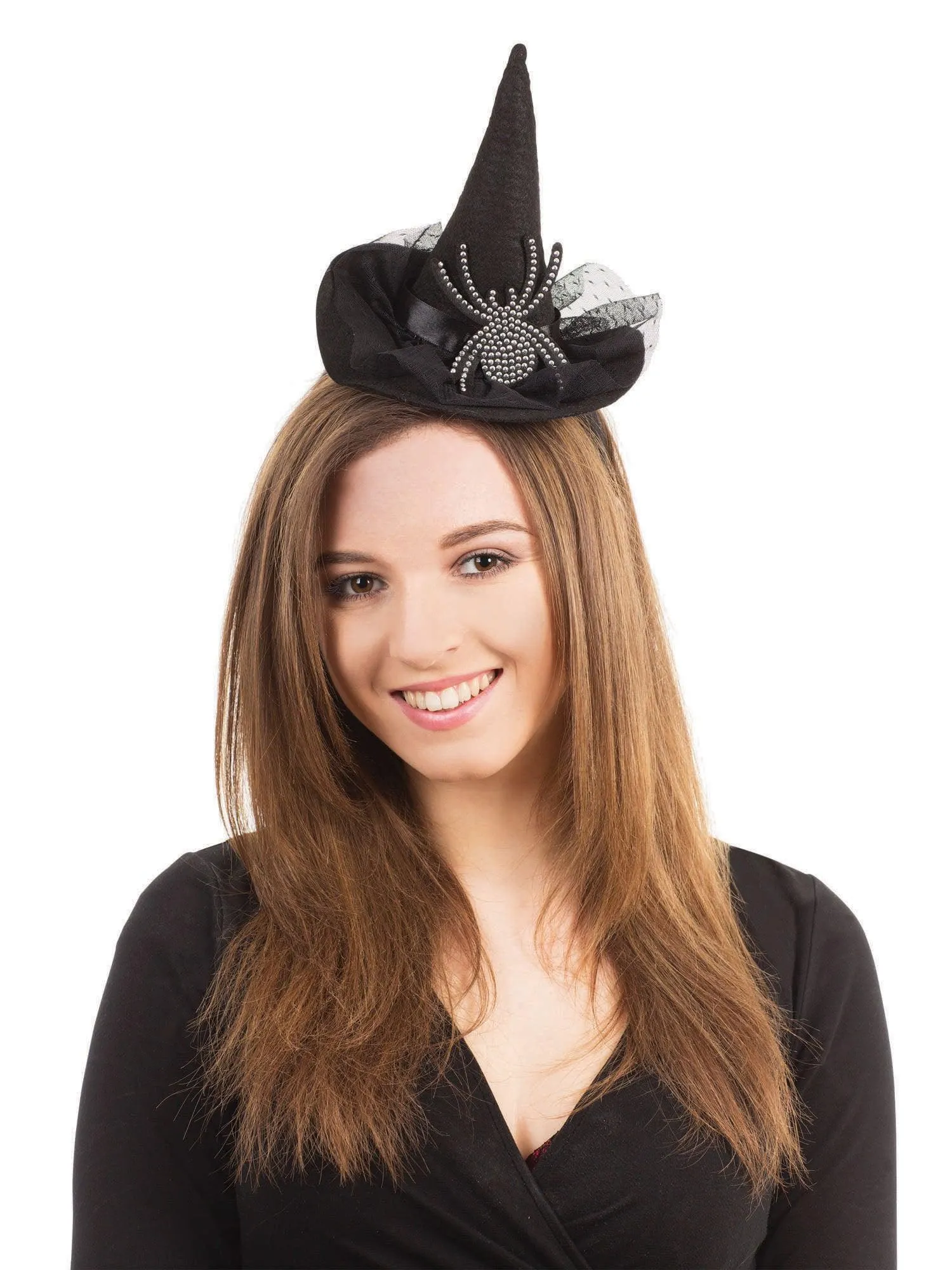 Witch Hat Headband with Diamante Spider Black Long Lace Gloves Broom Stick Halloween Scary Witch Costume