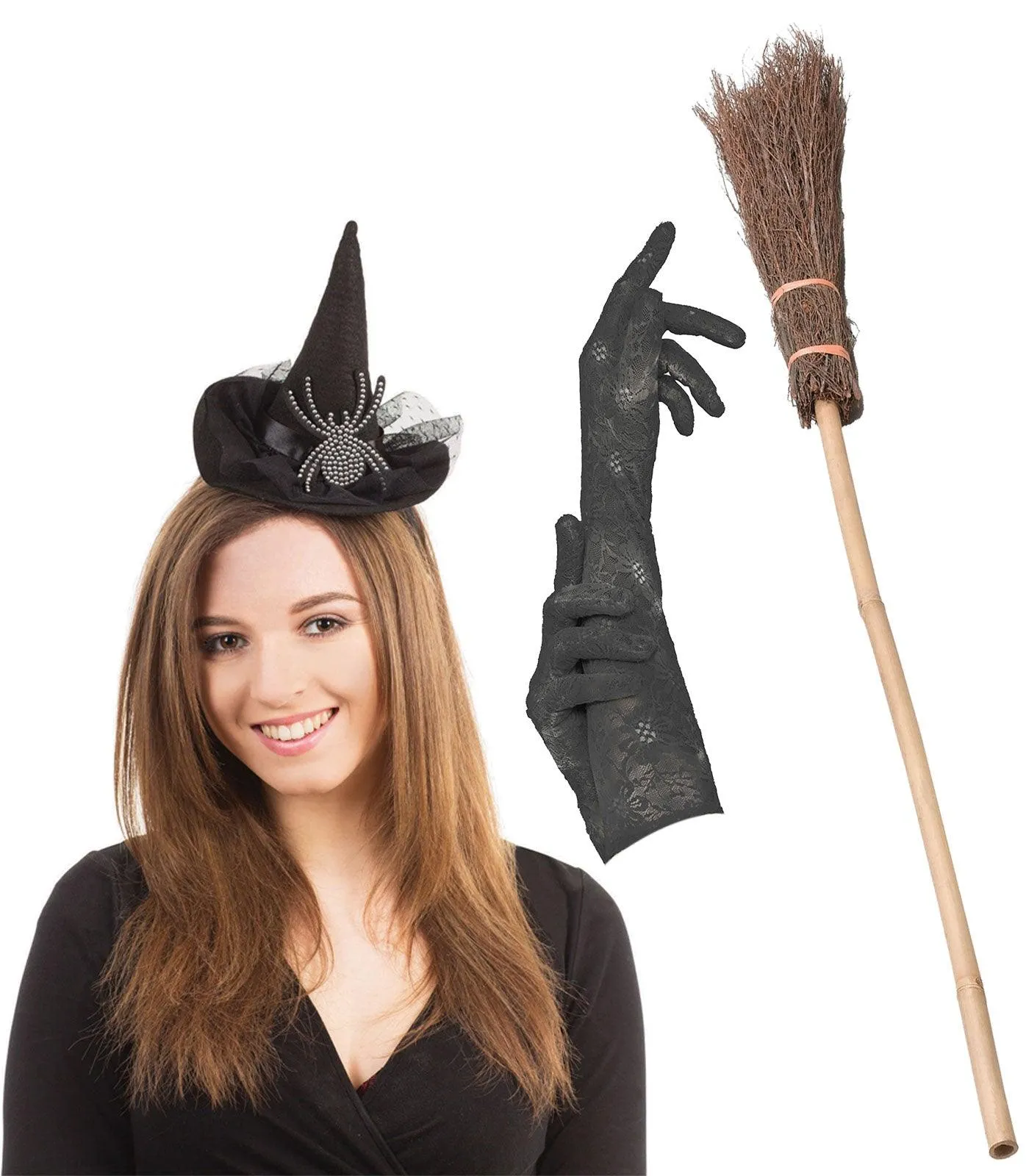 Witch Hat Headband with Diamante Spider Black Long Lace Gloves Broom Stick Halloween Scary Witch Costume