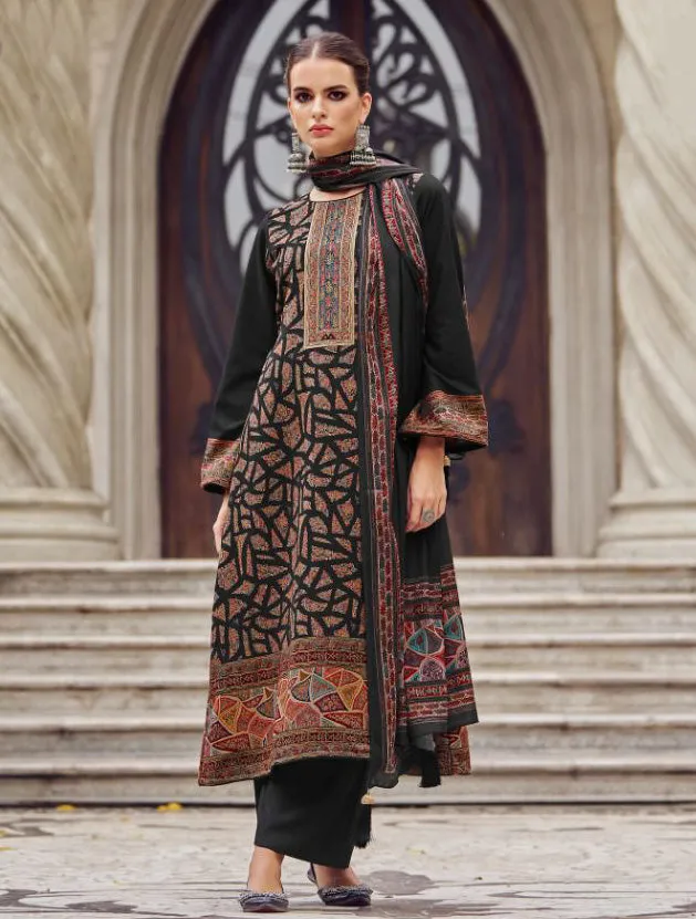 Women Black Unstitched Pure Pashmina Woven Winter Suit Dress Material