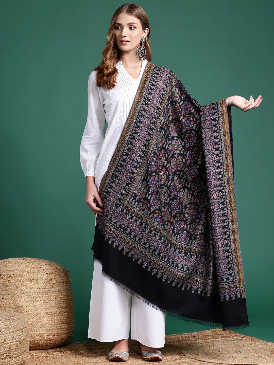 Women Black Wool Blend Ethnic Motifs Woven Shawl