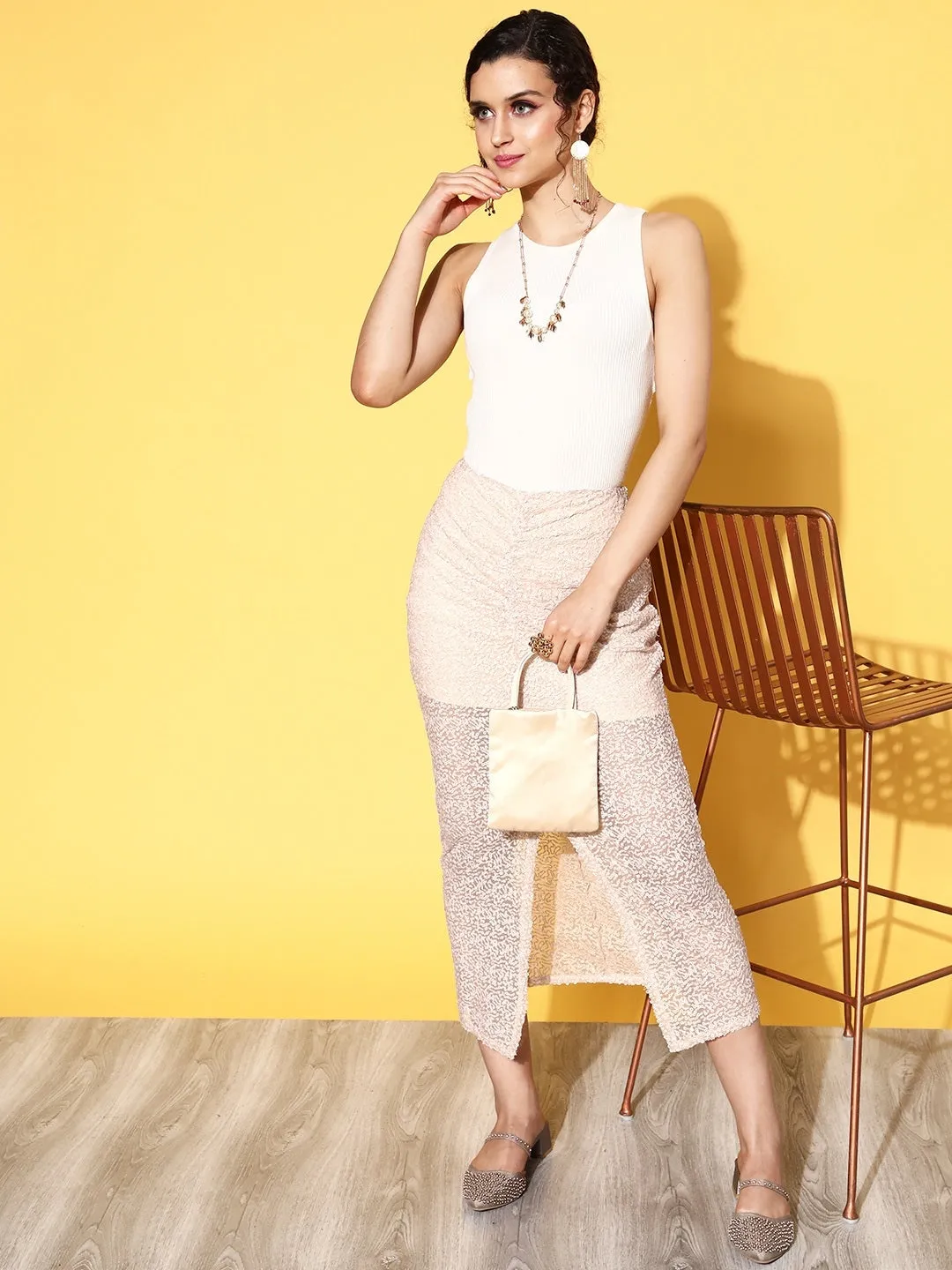 Women Cream Sequin Midi Pencil Skirt