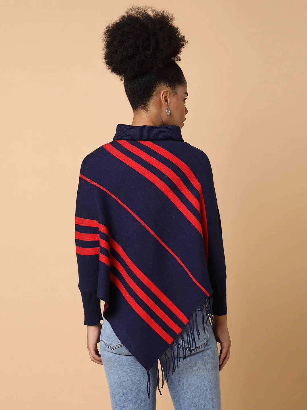 Women Striped Navy Blue Poncho