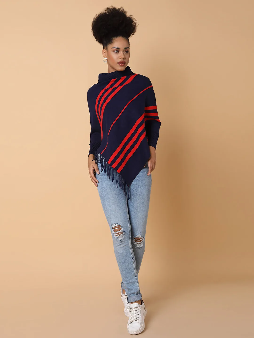 Women Striped Navy Blue Poncho